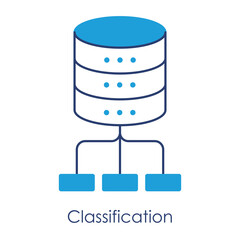 Vector icon for Classification. A database symbolizing the organization and sorting of data, essential for machine learning in a simple blue design.