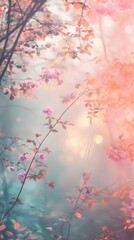 Fototapeta premium Delicate Pink Flowers and Orange Leaves in a Dreamy Forest Setting