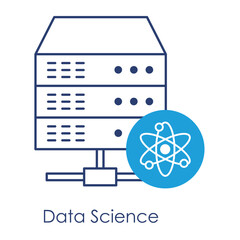 Vector icon for Data science. A server with a cog, representing the computation and analysis of massive datasets, designed in blue monochrome.