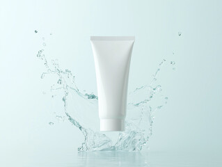 tube of cream with water, light blue background