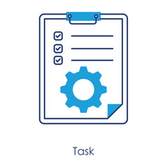 Vector icon for Task. A clipboard with a cog, symbolizing task management, productivity, and automation, styled in a blue and white minimal design.