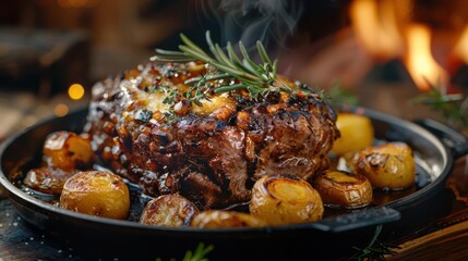Fototapeta premium A delicious beef roast being cooked over a campfire, with its enticing aroma filling the air