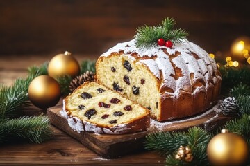 A rustic wooden table, Christmas decorations like golden baubles and pine branches, a dusting of powdered sugar on a traditional Italian panettone cake sliced open to reveal its dotted dried fruit int