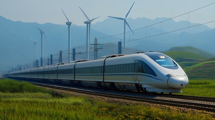 Fototapeta premium A bullet train passing through a countryside with wind turbines in the background