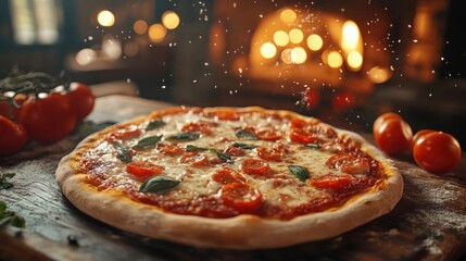 A delicious pizza with a golden crust, topped with tomatoes and fresh basil,