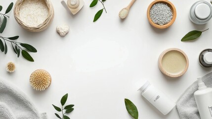 Fototapeta premium Flat Lay of Natural Wellness and Beauty Ingredients on White Background