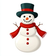 Cheerful snowman with a black top hat and red scarf, perfect for holiday decorations and winter festivities.