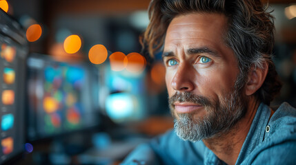 Fototapeta premium Portrait of a man with a relaxed smile. Remote work technologies that enable digital transformation in the workplace