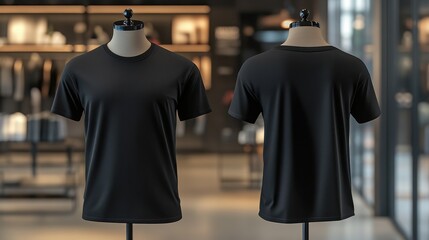 Black t-shirt mockup on mannequin with clothing store background, front and back view, t-shirt template design and mock-up for branding or print presentations