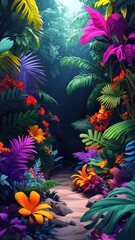 Naklejka premium Rainforest in stylized 3D style with bold forms, vivid colors, and a dynamic, realistic depiction of trees, plants, and wildlife.