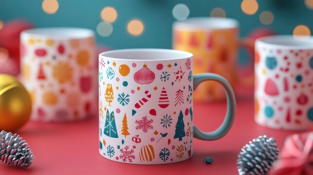 Custom-printed mug with festive packaging, vibrant colors, name customization, 3D illustration