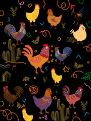 Chicken, hen, rooster pattern hand drawing sketch vector illustration design. Cute lovely poultry farm birds animal design for fabric, textile, wrapping, wallpaper and background. © Suryadi