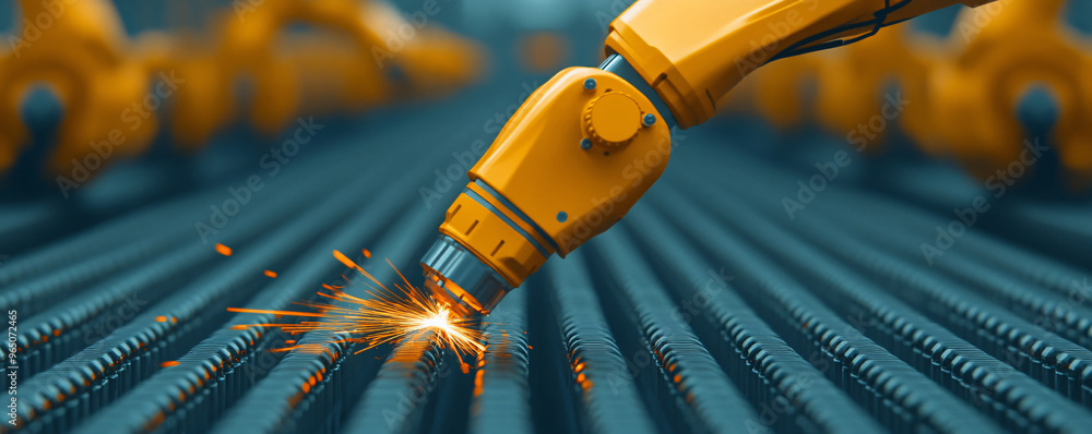 Poster a close-up view of a robotic arm welding, producing sparks in a factory setting. industrial automati