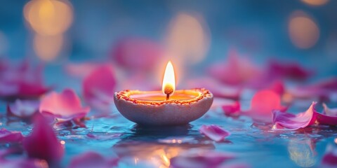 Diwali diya oil lamps with flowers holiday background. Creating a festive and decorative composition.