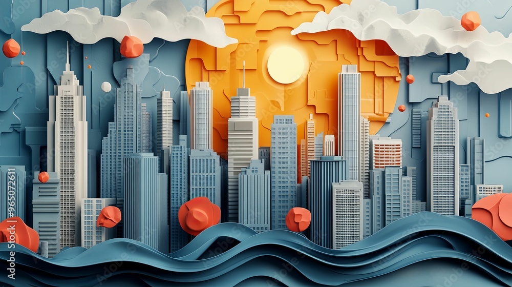 Poster stylized cityscape with abstract shapes and clouds