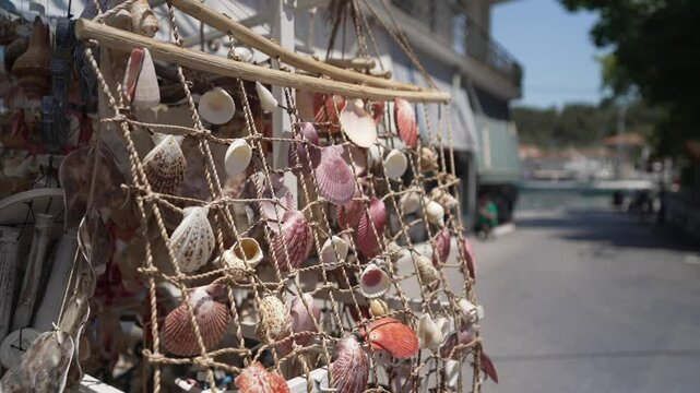 View of seashells for sale a souvenirs in Thassos Town (Limenas), Thassos, Aegean Sea, Greek Islands, Greece, Europe