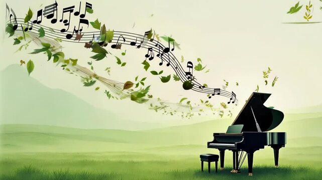 Serene outdoor scene with grand piano on grassy field. Musical notes and green leaves float in air, creating whimsical atmosphere. Simple chair beside piano. 