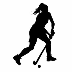 a female field hockey player in action. She is in the middle of a shot, with her body slightly bent forward and her head tilted back