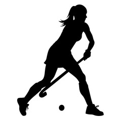 a female field hockey player in action. She is in the middle of a shot, with her body slightly bent forward and her head tilted back