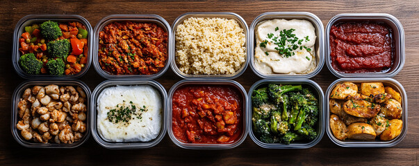 A vibrant collection of meal prep containers filled with colorful and nutritious foods perfect for balanced diets.
