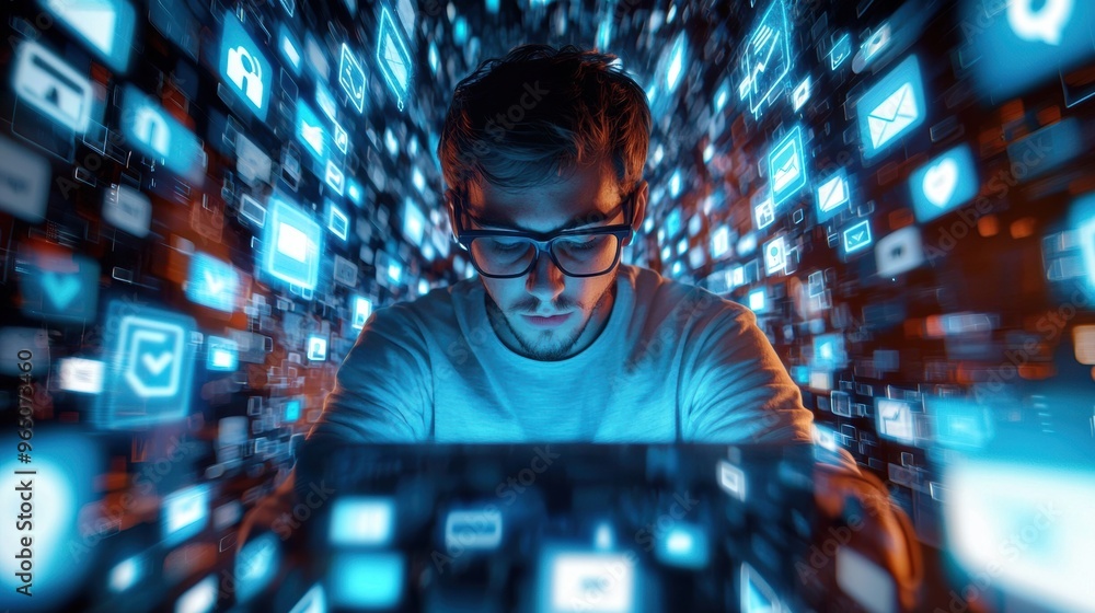 Poster young male computer programmer focused on futuristic digital technology interface