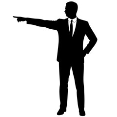 a business man stand with a hand expression of pointing of front direction, vector silhouette, isolated white background 