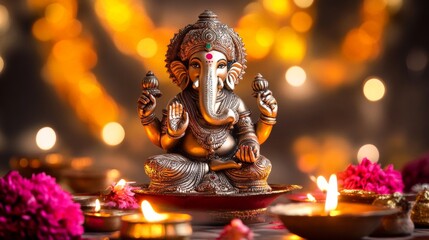 Fototapeta premium Diwali diya oil lamps with flowers holiday background. Creating a festive and decorative composition.