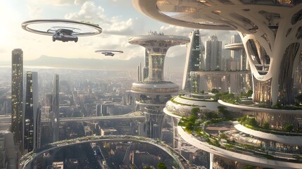 A futuristic smart city with flying cars and automated buildings