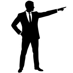 a business man stand with a hand expression of pointing of front direction, vector silhouette, isolated white background 