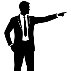 a business man stand with a hand expression of pointing of front direction, vector silhouette, isolated white background 