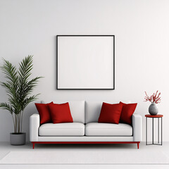 Modern living room featuring a stylish couch, vibrant cushions, and decorative plants on a clean, minimalist backdrop.