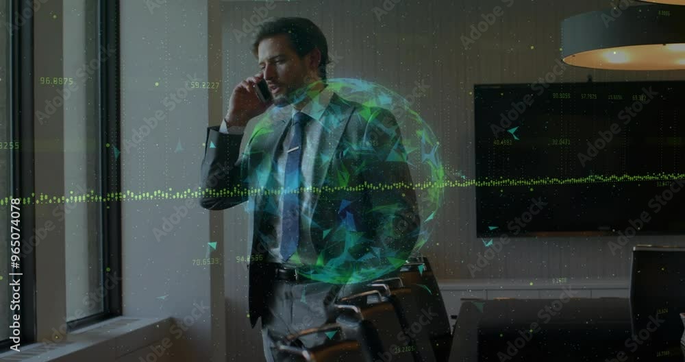 Poster animation of data processing and globe over caucasian man talking on smartphone