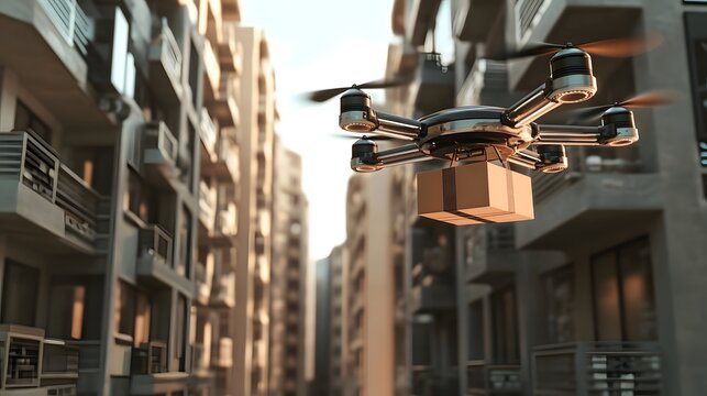 A futuristic drone delivering packages to homes in an urban environment