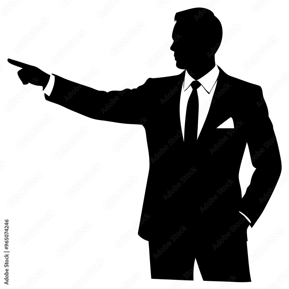 Poster a business man stand with a hand expression of pointing of front direction, vector silhouette, isola