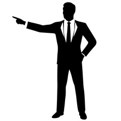 a business man stand with a hand expression of pointing of front direction, vector silhouette, isolated white background 