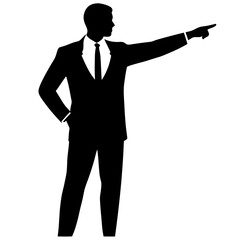 a business man stand with a hand expression of pointing of front direction, vector silhouette, isolated white background 