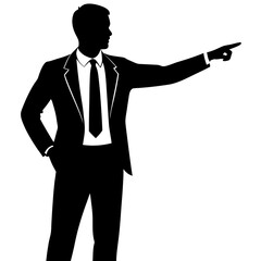 a business man stand with a hand expression of pointing of front direction, vector silhouette, isolated white background 