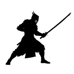 a sword warrior standing in an action pose as a black color silhouette isolated on a white background