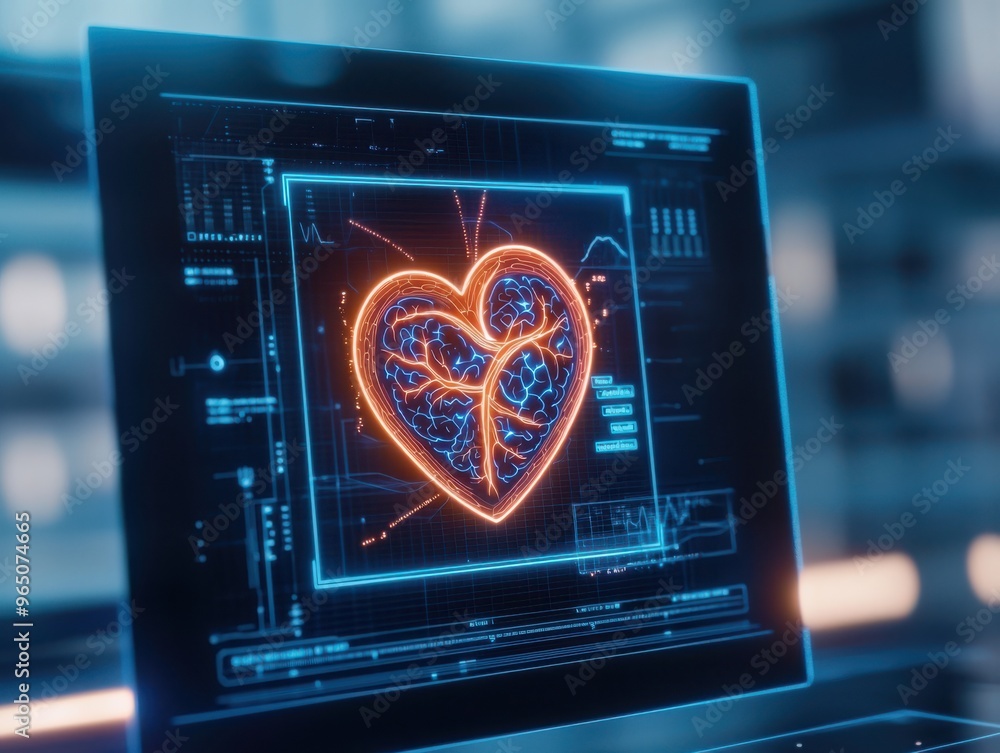 Poster futuristic heart visualization on computer screen, blending technology with medical data in a modern