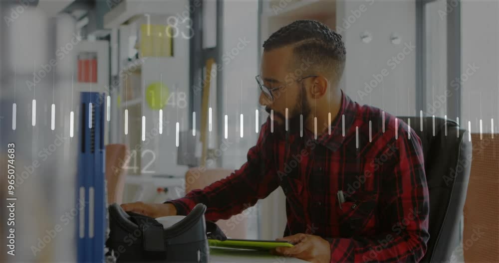 Poster animation of data processing and diagrams over biracial man using tablet