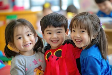 Obraz premium Three Smiling Asian Children in a Playroom Setting