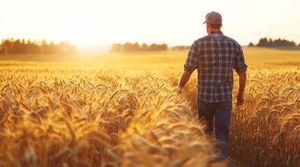 The farmer walks slowly through the wheat field, gently touching each plant with his hand, carefully observing their growth under the radiant sun on Farmers Day