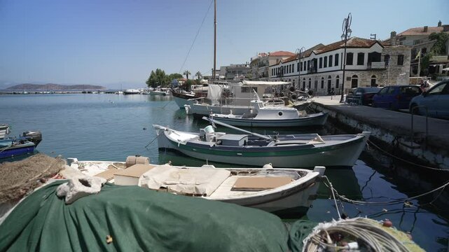View of boats in the harbour and buildings in Thassos Town (Limenas), Thassos, Aegean Sea, Greek Islands, Greece, Europe
