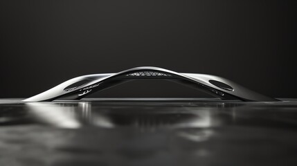 A sleek, modern, metallic sculpture of an arch.