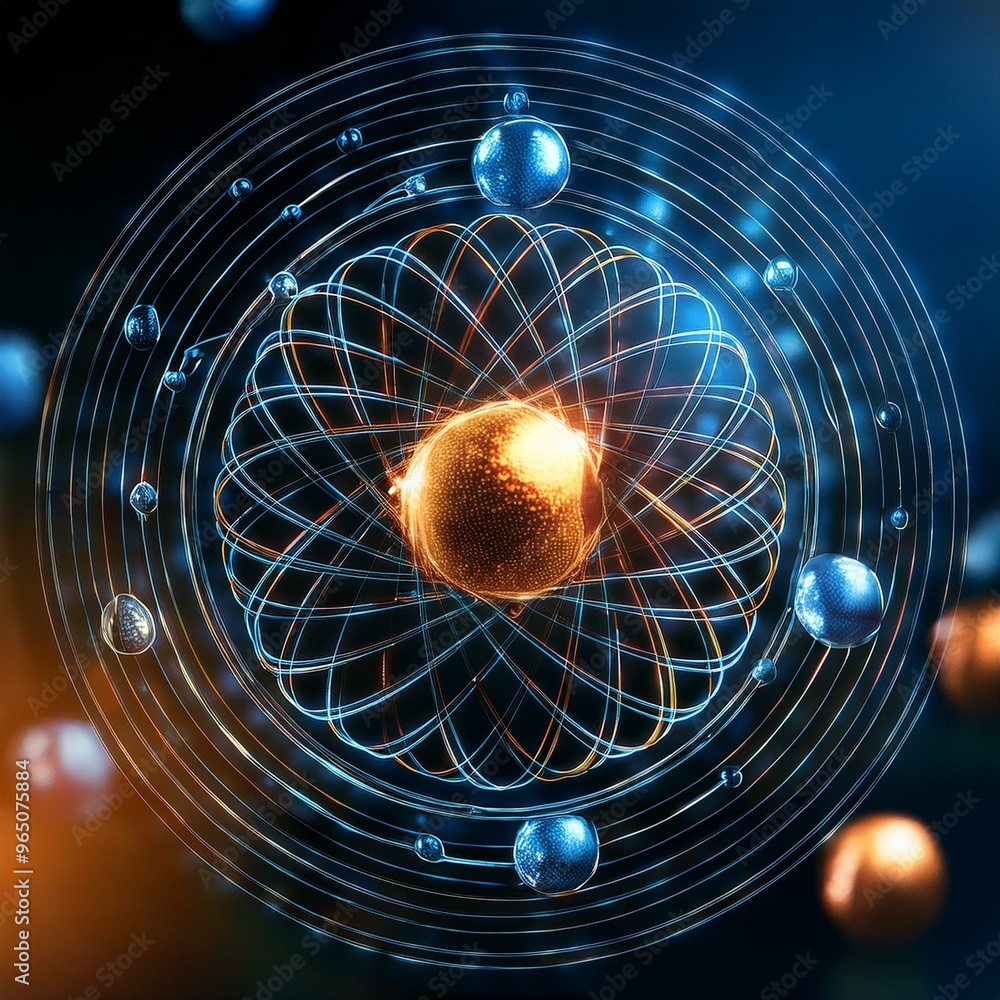 Poster atomic models and electron orbitals, visualizing structures and quantum mechanics with focus on atom