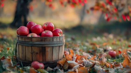 A rustic wooden bucket filled to the top with ripe red apples stands on the green grass, with autumn leaves scattered around it, celebrating National Apple Day