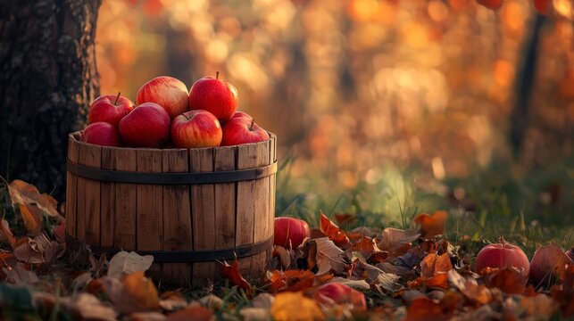 On National Apple Day, a weathered wooden bucket full of red apples rests on the grass near an apple tree, with leaves dotting the ground