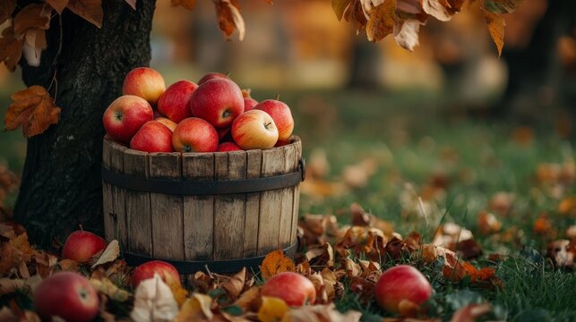 On National Apple Day, a weathered wooden bucket full of red apples rests on the grass near an apple tree, with leaves dotting the ground