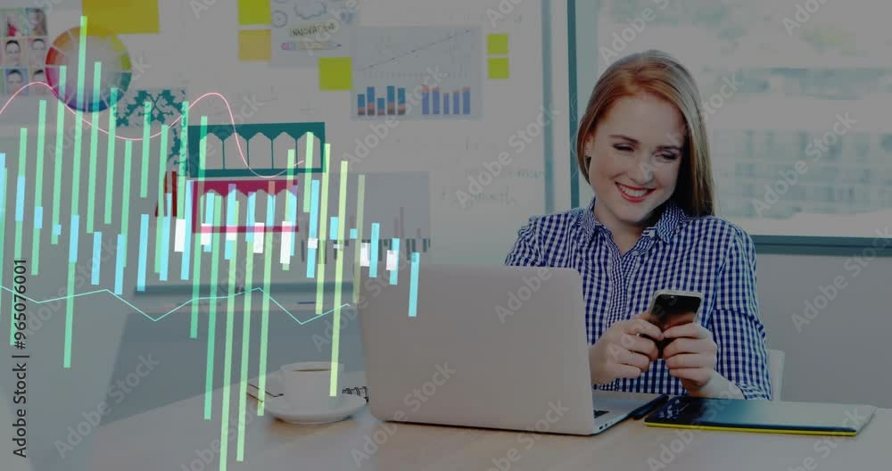 Aufkleber animation of data processing and diagrams over caucasian woman using smartphone