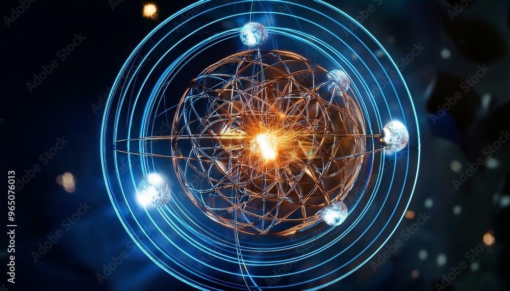 Poster atomic models and electron orbitals, visualizing structures and quantum mechanics with focus on atom